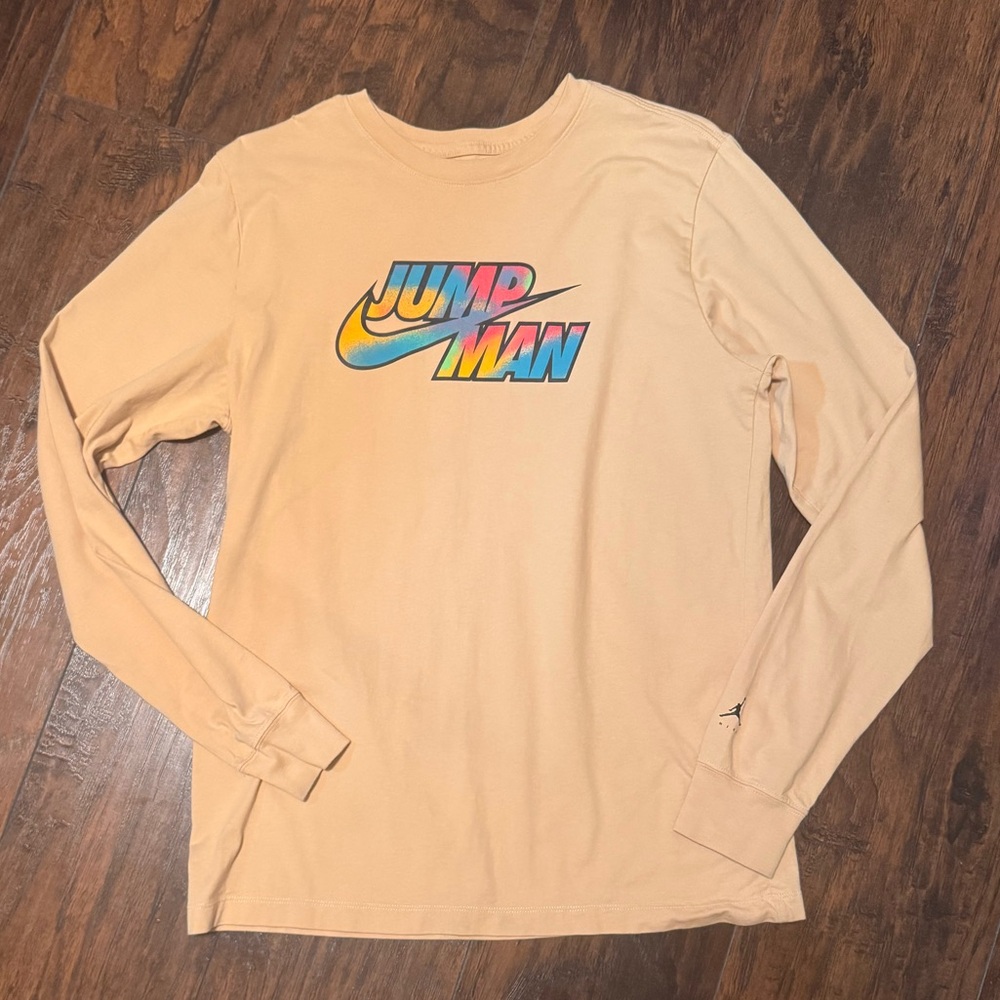 Nike Jordan Jumpman Logo Long Sleeve Tan T-Shirt Men's Medium 100% Cotton